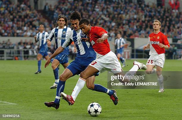 Soccer Champions League Season 2003 - 2004 Final: AS Monaco vs FC Porto. Paulo Ferreira and Patrice Evra . Finale de la Ligue des Champions de...