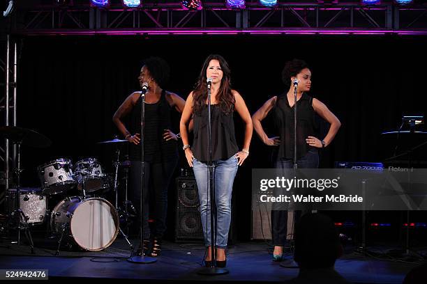 Kim Sozzi with Emmy Raver & Badia Farha 'The Factory Groove' performing at the New York Musical Theatre Festival at the NYMF Hub in Times Square, New...