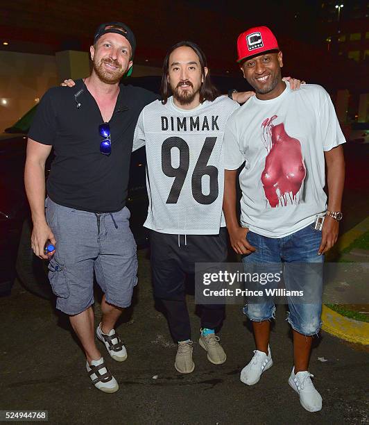 Sean Holland, Steve Aoki and Alex Gidewon attend the Dim Mak 20th anniversary afterparty at Gold Room on April 24, 2016 in Atlanta, Georgia.