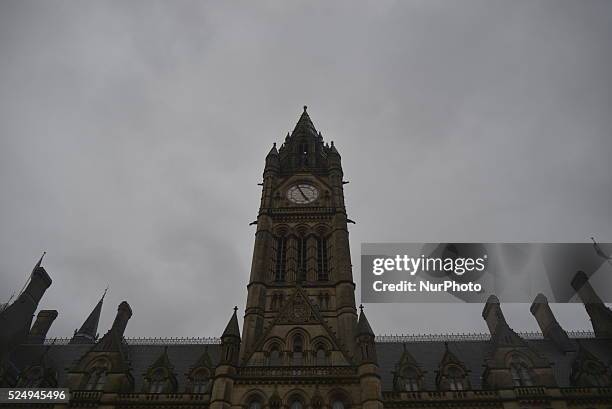 Clouds hanging over Manchester Town Hall, on Monday 30th March 2015, where the city's council resides and makes decisions. The location of the town...