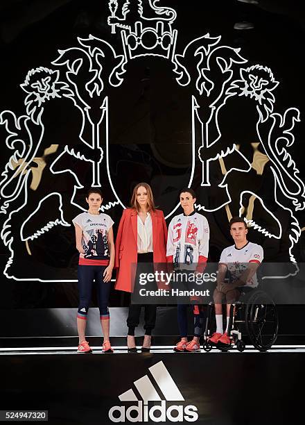 In this handout provided by adidas, Creative Director Stella McCartney joins Team GB and ParalympicsGB athletes to unveil the new adidas and Stella...