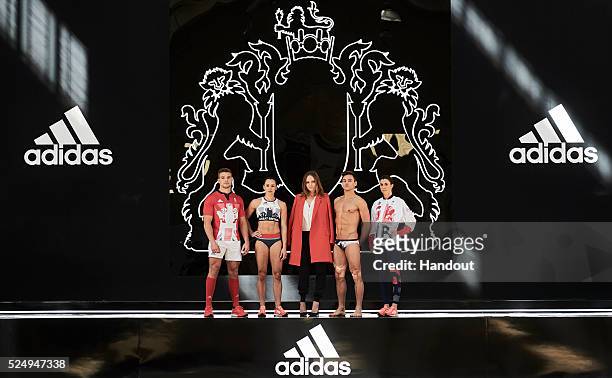 In this handout provided by adidas, Creative Director Stella McCartney joins Team GB and ParalympicsGB athletes to unveil the new adidas and Stella...