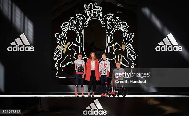 In this handout provided by adidas, Creative Director Stella McCartney joins Team GB and ParalympicsGB athletes to unveil the new adidas and Stella...