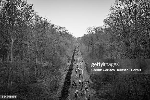 Atmosphere and overview shot over the Trou�  �e d' Arenberg cobbles section 18 in France, Saturday April 11th 2015, during the 113th edition of...