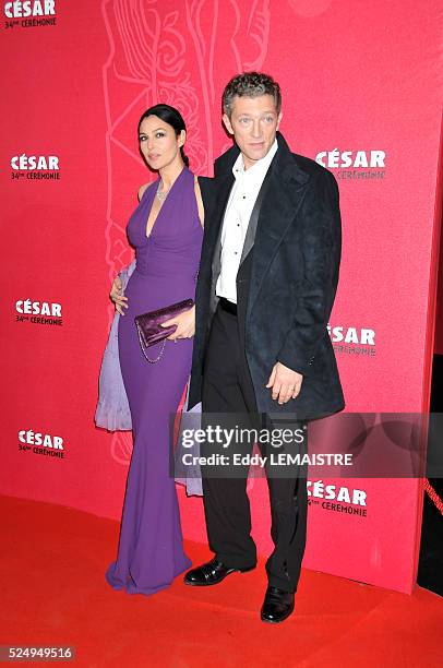 Monica Bellucci and her husband Vincent Cassel arrive at the 34th Cesar Awards ceremony, held at the Chatelet Theater in Paris.
