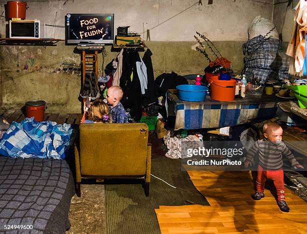Kids watching cartoons in a room inside the bunker. Last 12 and 15 of April 2015, with the help of Tomas Vlach, emergency coordinator for the NGO...