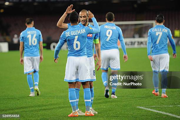 Jonathan De Guzman of SSC Napoli celebrates after scoring during UEFA Europa League Round of 32 match between SSC Napoli and Trabzonspor at San Paolo...