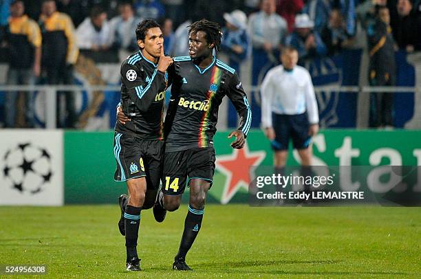 Marseille's Brandao celebrates his goal with Leyti N'Diaye during the Olympique de Marseille vs. Chelsea FC UEFA Champions League Matchday 6 Group F...