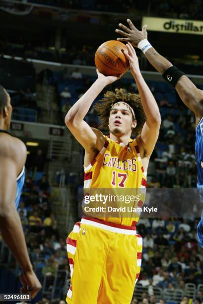 Anderson Varejao of the Cleveland Cavaliers shoots against the Orlando Magic during the game at Gund Arena on March 8, 2005 in Cleveland, Ohio. The...