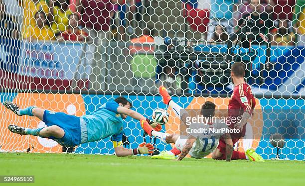 June: Eduardo Vargas goal in the match between Spain and Chile in the group stage of the 2014 World Cup, for the group B match at the Beira Rio...