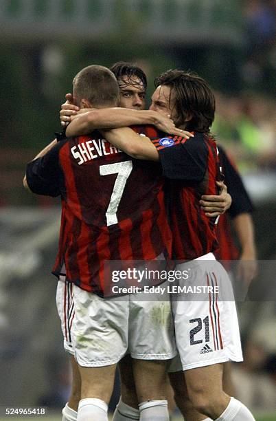 Celebration of a goal between Andreij Shevchenko, Philippo Inzaghi and Andrea Pirlo