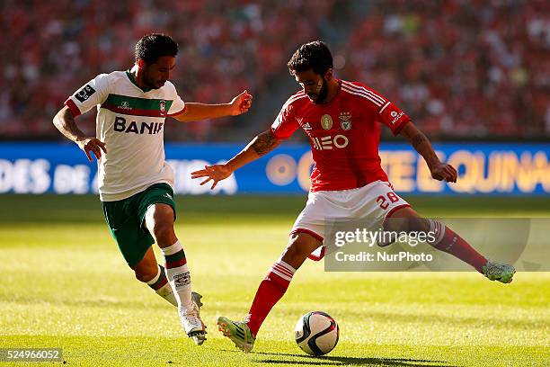 Benfica's defender Silvio vies for the ball with Maritimo's defender Joao Diogo during the Portuguese League football match between SL Benfica and CS...