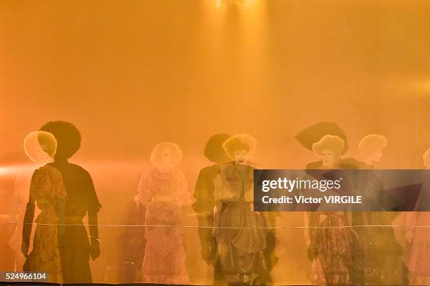 Model walks the runway at the Fause Haten fashion show during the Sao Paulo Fashion Week Spring/Summer 2016-2017 on April 24, 2016 in Sao Paulo,...