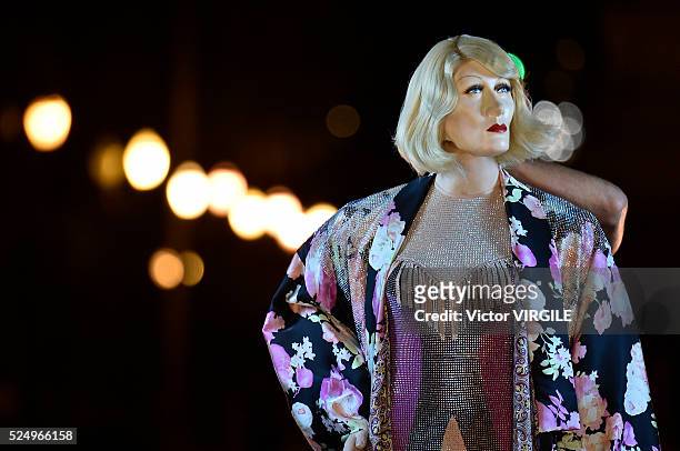 Model walks the runway at the Fause Haten fashion show during the Sao Paulo Fashion Week Spring/Summer 2016-2017 on April 24, 2016 in Sao Paulo,...