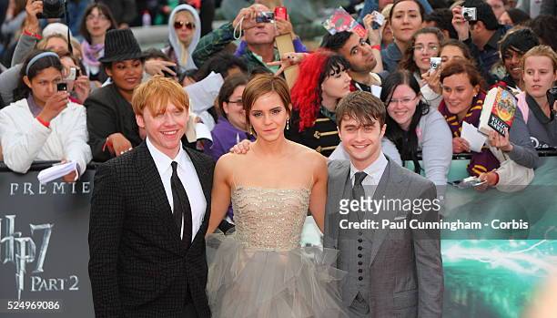 Entertainment - Daniel Radcliffe, Rupert Grint and Emma Watson at the UK Film Premiere of HARRY POTTER AND THE DEATHLY HALLOWS - PART 2, Trafalgar...