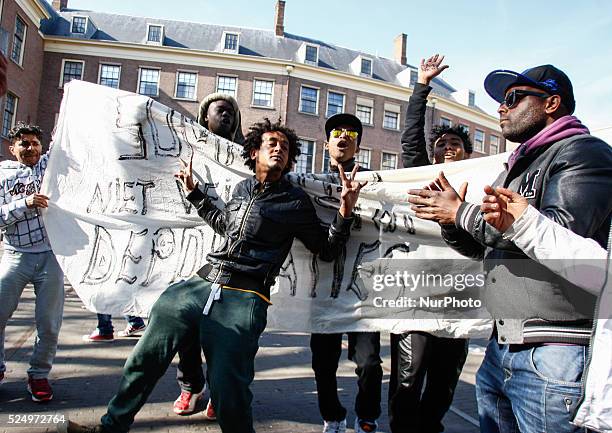 Asylum seekers who have been refused permits to stay in The Netherlands protested for the second day in a row in the Dutch capital on April 17, 2015....