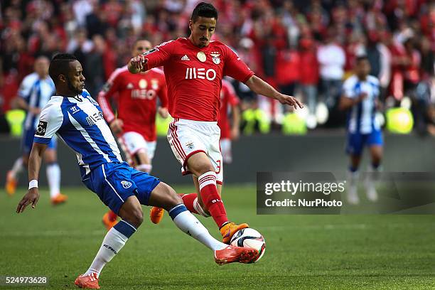 Porto's forward Hernani vies with Benfica's midfielder Andre Almeida during the Portuguese League football match between SL Benfica and FC Porto at...