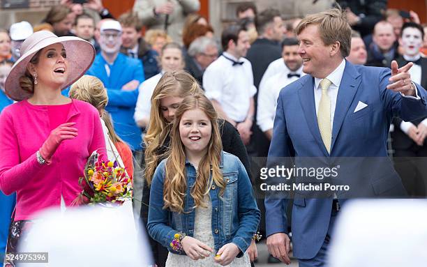 Queen Maxima, Princess Catharina-Amalia and King Willem-Alexander of The Netherlands attend celebrations marking his 49th birthday on King's Day on...