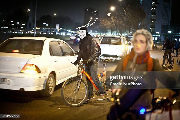 Students in bicycle protest inside the mall in the city, Costanera Center asking for free and quality education for all, on July 19, 2013. Photo:...