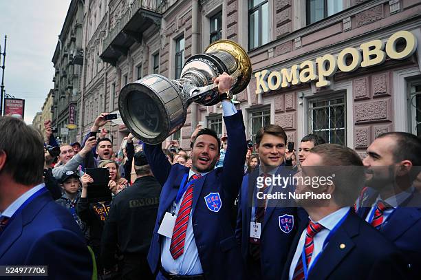 S Ilya Kovalchuk hold the Gagarin Cup during an event honouring HC SKA's victory in the 2014/15 Season Kontinental Hockey League in Saint-Petersburg,...