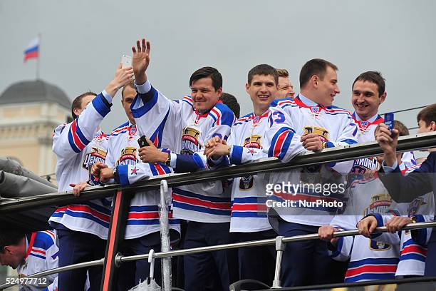 S players ride on a bus during an event honouring HC SKA's victory in the 2014/15 Season Kontinental Hockey League in Saint-Petersburg, Russia. May,...