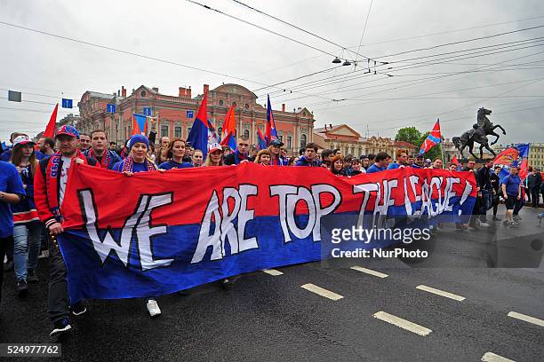 S fans seen during an event honouring HC SKA's victory in the 2014/15 Season Kontinental Hockey League in Saint-Petersburg, Russia. May, 23. 2015.