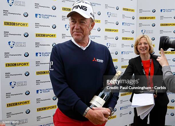 Miguel Angelgives Jimenez gives media interviews to BBC Sport Hazel Irvine after he finishes the day at -10 under par with a hole in one at the 2nd...