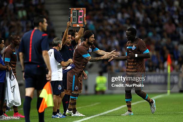 Porto's Cameroonian forward Vincent Aboubakar and Porto's Itaian forward Pablo Osvaldo during the official presentation of the FC Porto Team 2015/16...