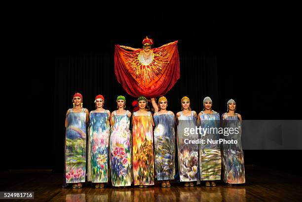 Actors in costumes of Sogdian period of Persian Empire, IV-VII AD, during &quot;Instants of Eternity&quot; show in theater of historical costume...