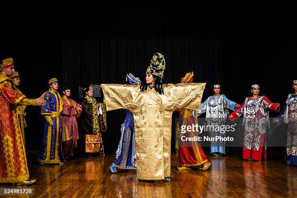 Actors in costumes of Sogdian period of Persian Empire, IV-VII AD, during &quot;Instants of Eternity&quot; show in theater of historical costume...