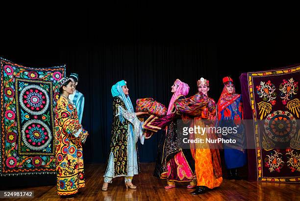 Actors in traditional Uzbek costume of 19 century perform wedding ceremony during &quot;Instants of Eternity&quot; show in theater of historical...