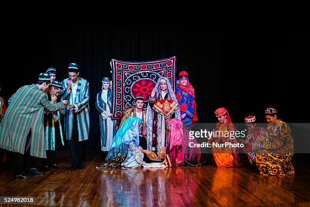 Actors in traditional Uzbek costume of 19 century perform wedding ceremony during &quot;Instants of Eternity&quot; show in theater of historical...