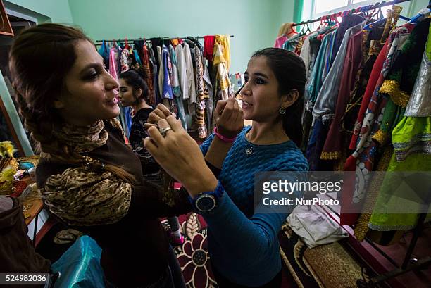 Actresses make up in dressing room before &quot;Instants of Eternity&quot; show in theater of historical costume &quot;El Merosi&quot;, Samarkand,...
