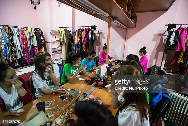 Actresses make up in dressing room before &quot;Instants of Eternity&quot; show in theater of historical costume &quot;El Merosi&quot;, Samarkand,...