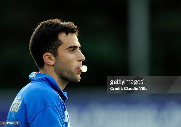 Giuseppe Rossi of Italy looks on during a training session at Coverciano , Italy on November 17, 2008.