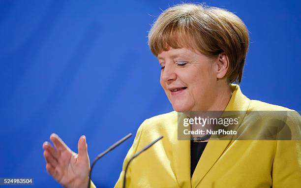 Angela Merkel, German chancellor, and Greece Primer Minister Alexis Tsipras give a joint press conference, after the meeting, at the German...