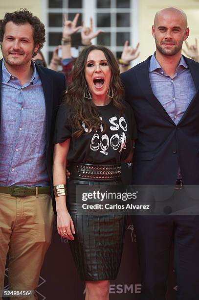 Director Telmo Iragorri, singer Malu and director Curro Sanchez attend "Malu: Ni Un Paso Atras" photocall at the Cervantes Theater on April 27, 2016...