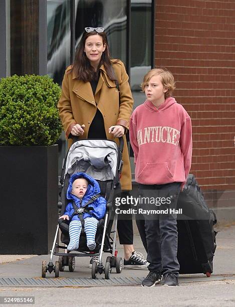 Actress Liv Tyler seen walking with sons Milo Langdon and Sailor Gardner in Soho on April 27, 2016 in New York City.