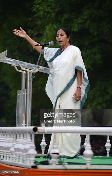 West Bengal Chief Minister Mamata Banerjee deliver her speech in a protest rally against the central government's land bill policy in Kolkata , India...