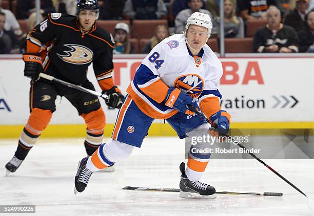 Mikhail Grabovski of the New York Islanders plays in the game against the Anaheim Ducks at Honda Center on November 5, 2014 in Anaheim, California.