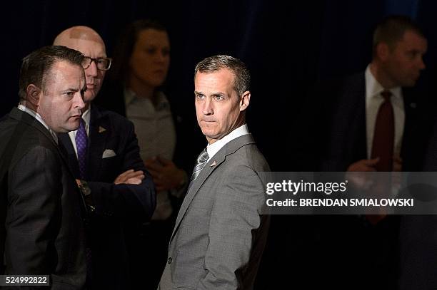 Trump campaign manager Corey Lewandowski waits for Republican US presidential hopeful Donald Trump to speak about foreign policy at the Mayflower...