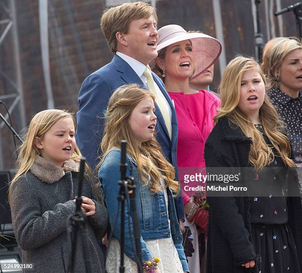 Princess Ariane, Princess Alexia, King Willem-Alexander, Queen Maxima and Princess Catharina-Amalia of The Netherlands sing the national anthem after...