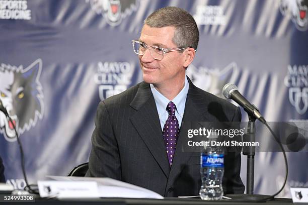 Scott Layden, General Manager, of the Minnesota Timberwolves are introduced to the media by Owner Glen Taylor on April 26, 2016 at Target Center in...