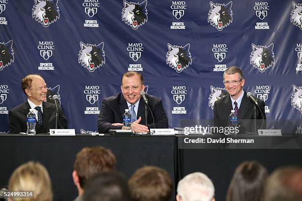 Tom Thibodeau, President of Basketball Operations and Head Coach and Scott Layden, General Manager, of the Minnesota Timberwolves are introduced to...