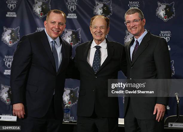 Tom Thibodeau, President of Basketball Operations and Head Coach and Scott Layden, General Manager, of the Minnesota Timberwolves are introduced to...