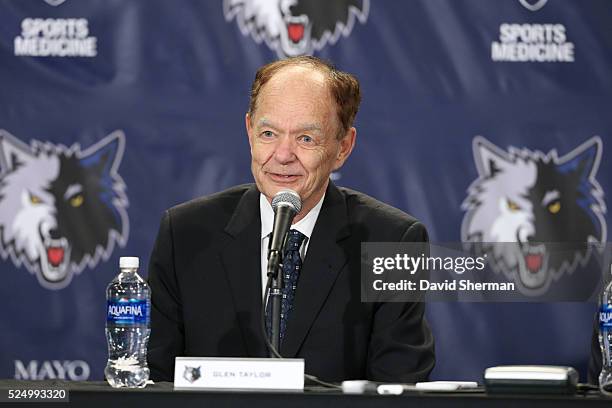 Tom Thibodeau, President of Basketball Operations and Head Coach of the Minnesota Timberwolves are introduced to the media by Owner Glen Taylor on...