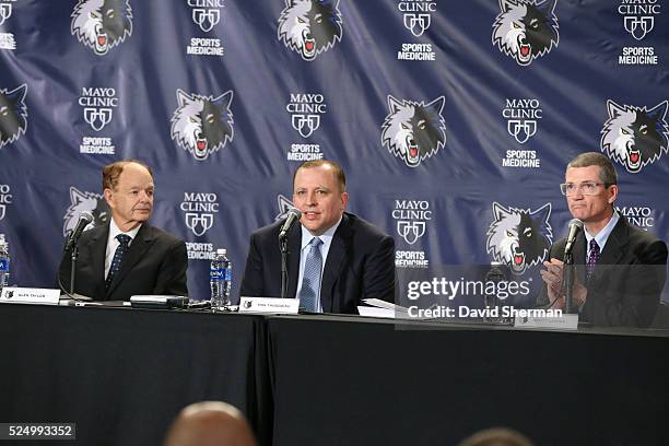 Tom Thibodeau, President of Basketball Operations and Head Coach and Scott Layden, General Manager, of the Minnesota Timberwolves are introduced to...