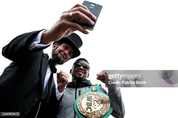 Abraham Lincoln impersonator Ron Carley takes a selfie picture with WBC Champion Badou Jack in front of the White House prior to Jack facing Lucian...