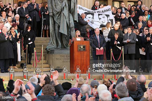 Hillsborough Family Support Group chairman Margaret Aspinall speaks as thousands of people gather outside Liverpool's Saint George's Hall to attend a...