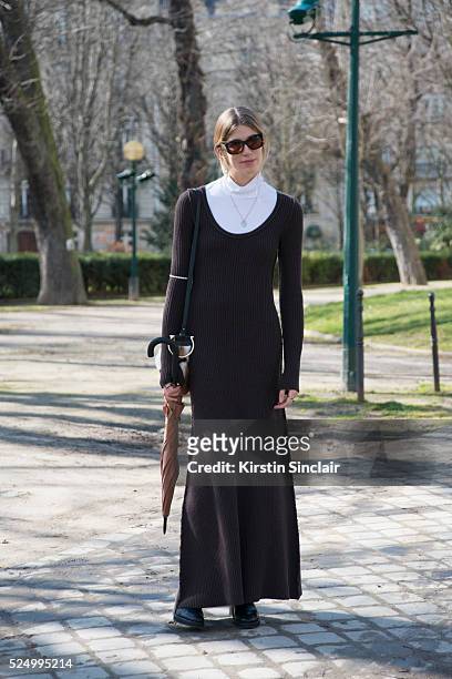 Fashion Blogger Veronika Heilbrunner wears a Salvatore Ferragamo dress and Acne shoes on day 7 during Paris Fashion Week Autumn/Winter 2016/17 on...